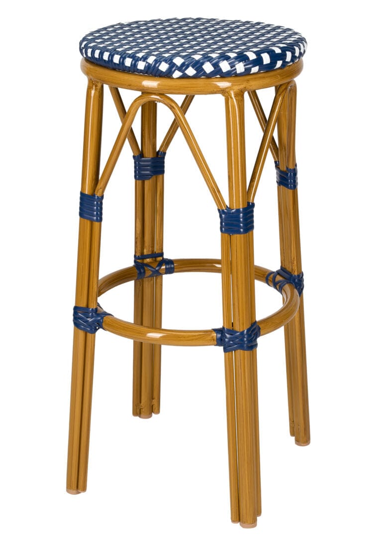 Toulouse Blue on White 30" Full Height No Back Bistro Barstool BFNBPBLU-AX-T