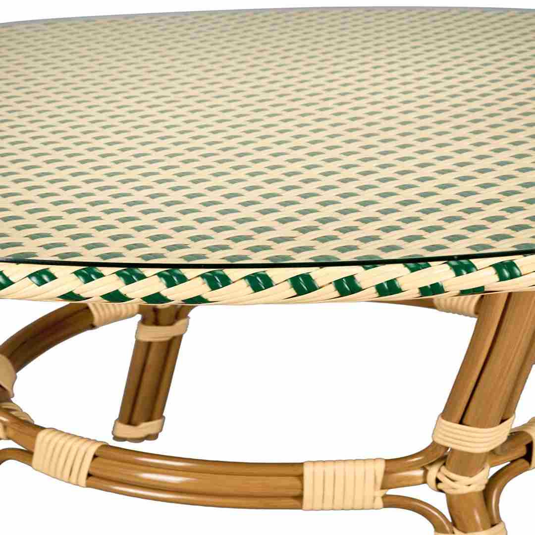 Toulouse 40" Round Glass Top Beige and Green Rattan French Bistro Table TBTPBG-KT-AX-T