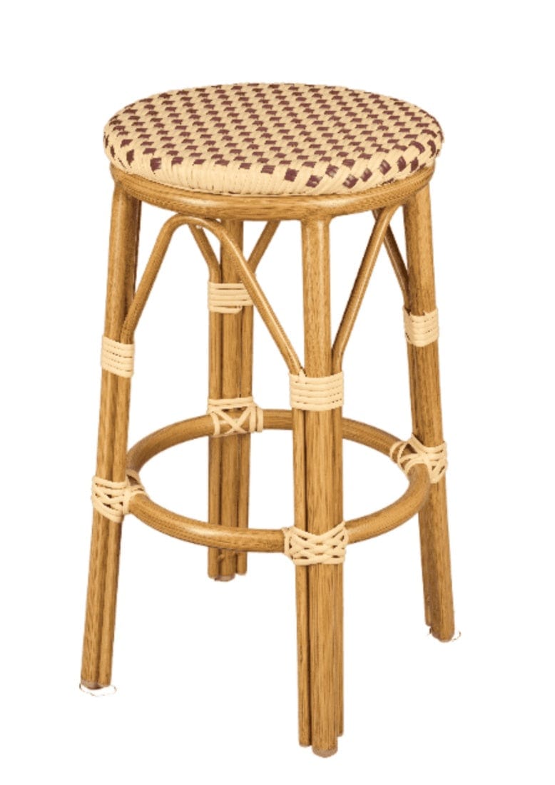 Chivari Beige on Maroon 26" Counter Height PE Rattan No Back Bistro Barstool BCNBPWM-AX-T