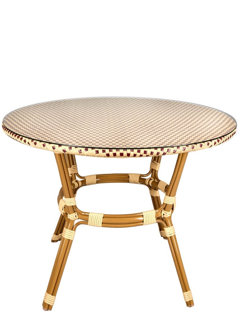 Toulouse 40" Round Glass Top Beige and Maroon Rattan French Bistro Table TBTPBM-KT-AX-T