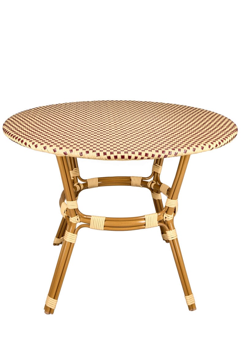 Toulouse 40" Round Glass Top Beige and Maroon Rattan French Bistro Table TBTPBM-KT-AX-T