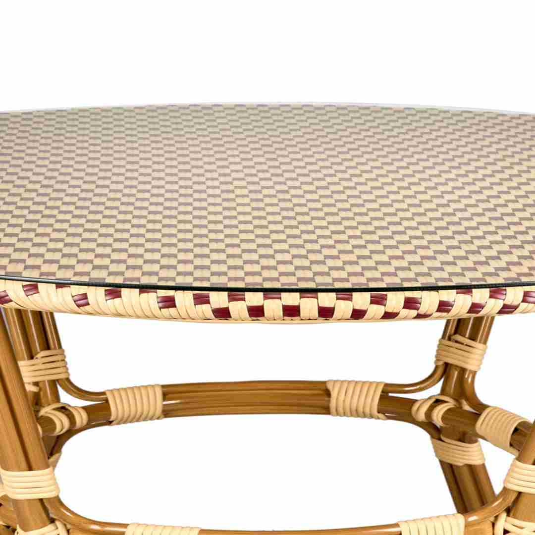Toulouse 40" Round Glass Top Beige and Maroon Rattan French Bistro Table TBTPBM-KT-AX-T
