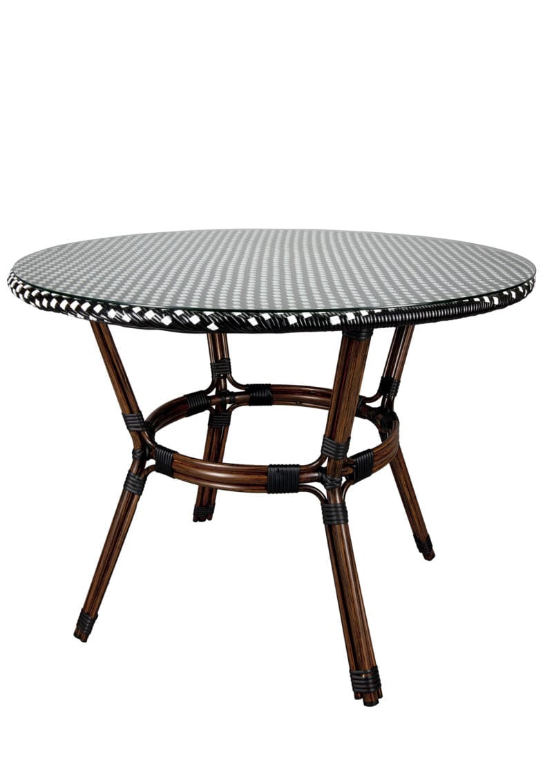 Toulouse 40" Round Glass Top Black and White Rattan French Bistro Table TBTPBLA-KT-AX-T