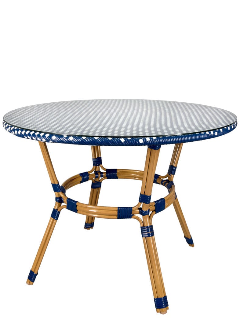 Toulouse 40" Round Glass Top Blue and White Rattan French Bistro Table TBTPBLU-KT-AX-T
