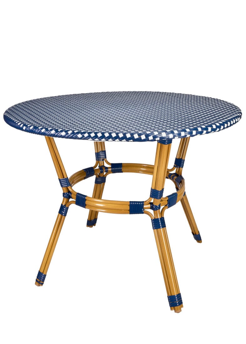 Toulouse 40" Round Glass Top Blue and White Rattan French Bistro Table TBTPBLU-KT-AX-T