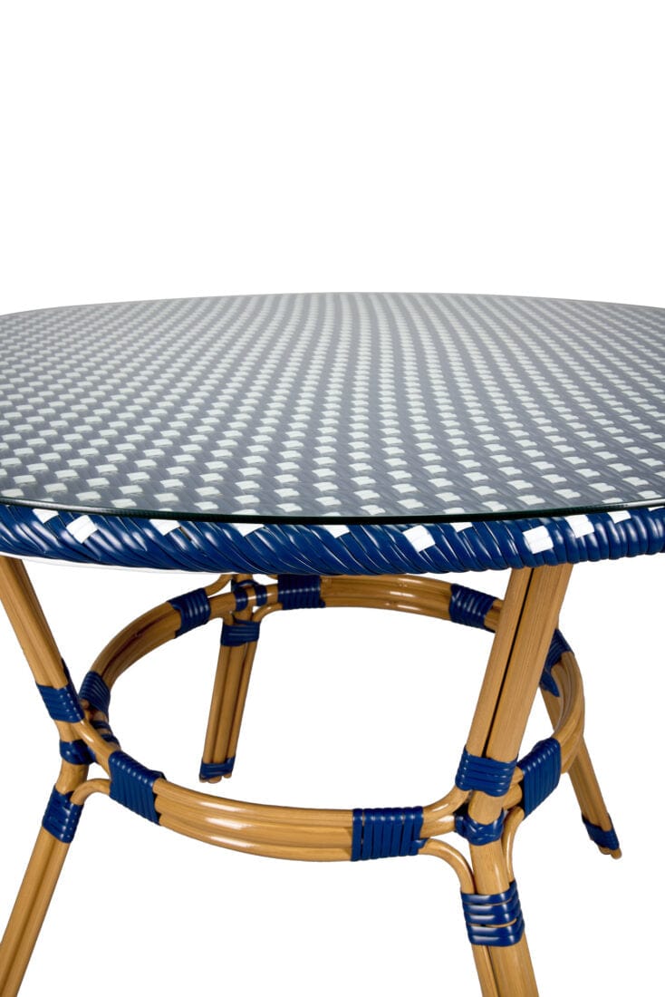Toulouse 40" Round Glass Top Blue and White Rattan French Bistro Table TBTPBLU-KT-AX-T