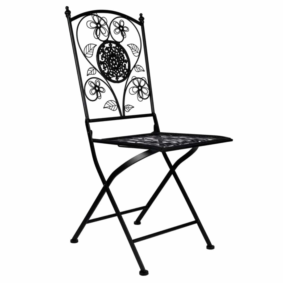 Decorative black metal chair with floral patterns on a white background