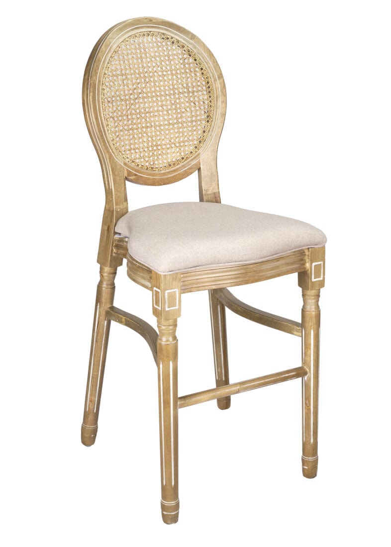 Chivari Antique Distressed Wood Louis Pop Barstool with Rattan Back BLPWANTIQ-FR-ZG-T