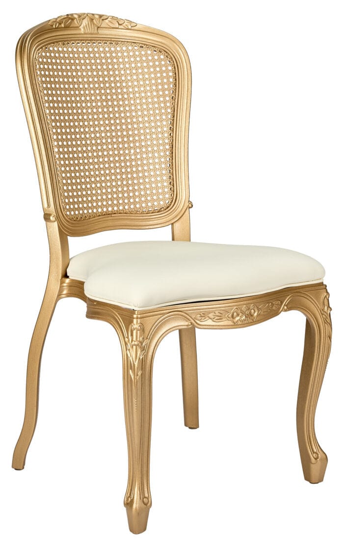 Chivari Gold Resin Royal Chair with Ivory Vinyl Seat and Gold Rattan Back Similar to Louis Pop Style - Dover CRRGGR-ZG-T