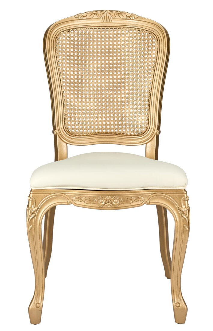 Chivari Gold Resin Royal Chair with Ivory Vinyl Seat and Gold Rattan Back Similar to Louis Pop Style - Dover CRRGGR-ZG-T