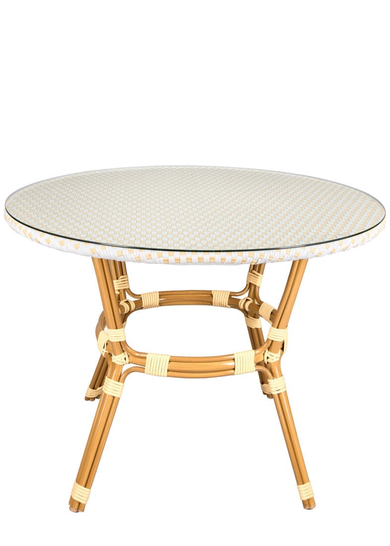 Toulouse 40" Round Glass Top White and Beige Rattan French Bistro Table TBTPWB-KT-AX-T