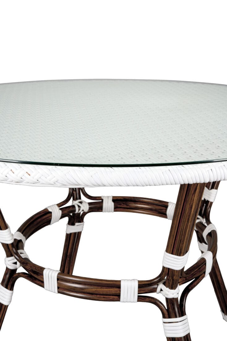 Toulouse 40" Round Glass Top White Rattan French Bistro Table TBTPWWD-KT-AX-T