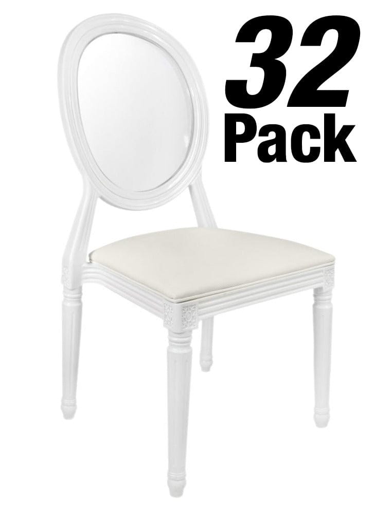 Chivari 32 Chair Pack White Resin Louis Pop Chair Clear Back and White Vinyl Seat CLPRWWC-ZG-T-32
