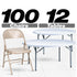 100 Beige Metal Folding Chairs + 12 Plastic Round Table Kit