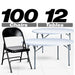 Chivari 100 Black Metal Folding Chairs + 12 Plastic Round Table Kit CFMBL-100-12RD-KT