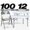 100 Gray Metal Folding Chairs + 12 Plastic Round Table Kit