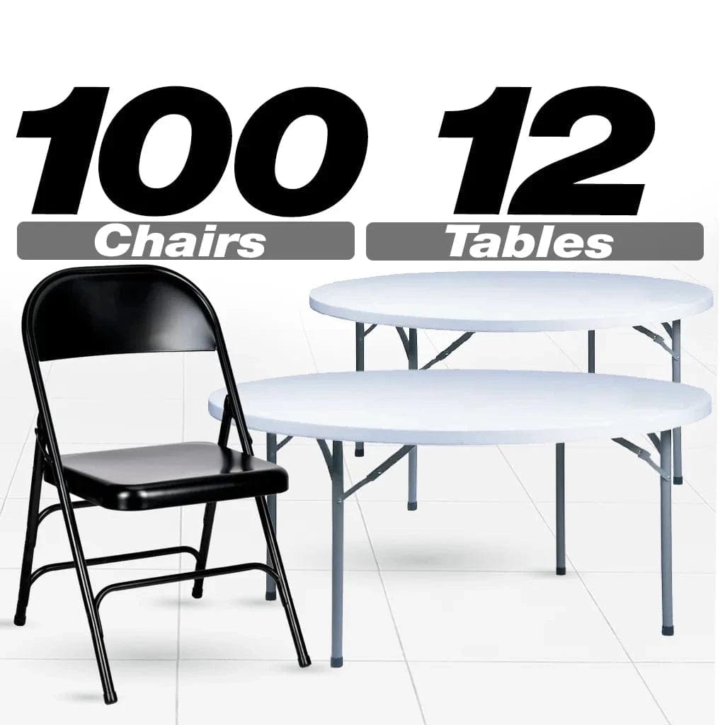 Chivari 100 Black Metal Folding Chairs + 12 Plastic Round Table Kit CFMBL-100-12RD-KT