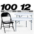 Chivari 100 Black Metal Folding Chairs + 12 Plastic Round Table Kit CFMBL-100-12RD-KT