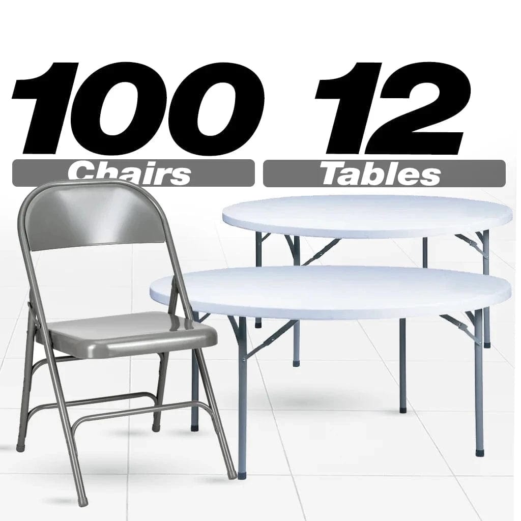 Chivari 100 Gray Metal Folding Chairs + 12 Plastic Round Table Kit CFMGR-100-12RD-KT
