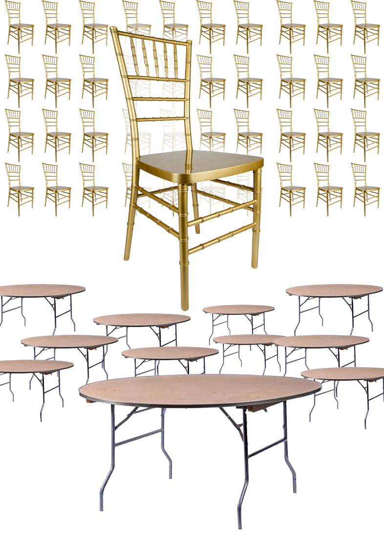 100 Person Luxury Event Package: Includes 100 Gold Resin Steel Skeleton Chiavari Chairs Plus 10 Round 72