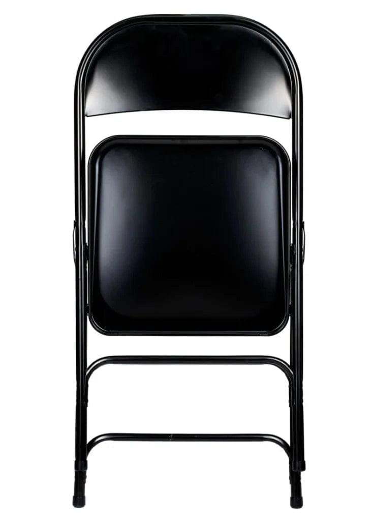 Chivari 100 Black Metal Folding Chairs + 12 Plastic Round Table Kit CFMBL-100-12RD-KT