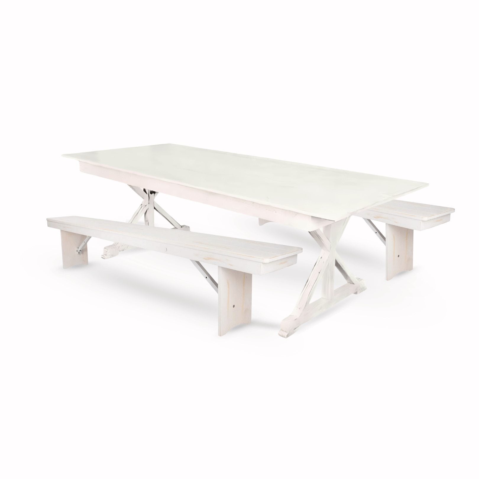 Chivari White Distressed X-Leg Farm Table Dining Set with 2 Benches TFARM-WHITEDIS-X-LEG-KIT-AX