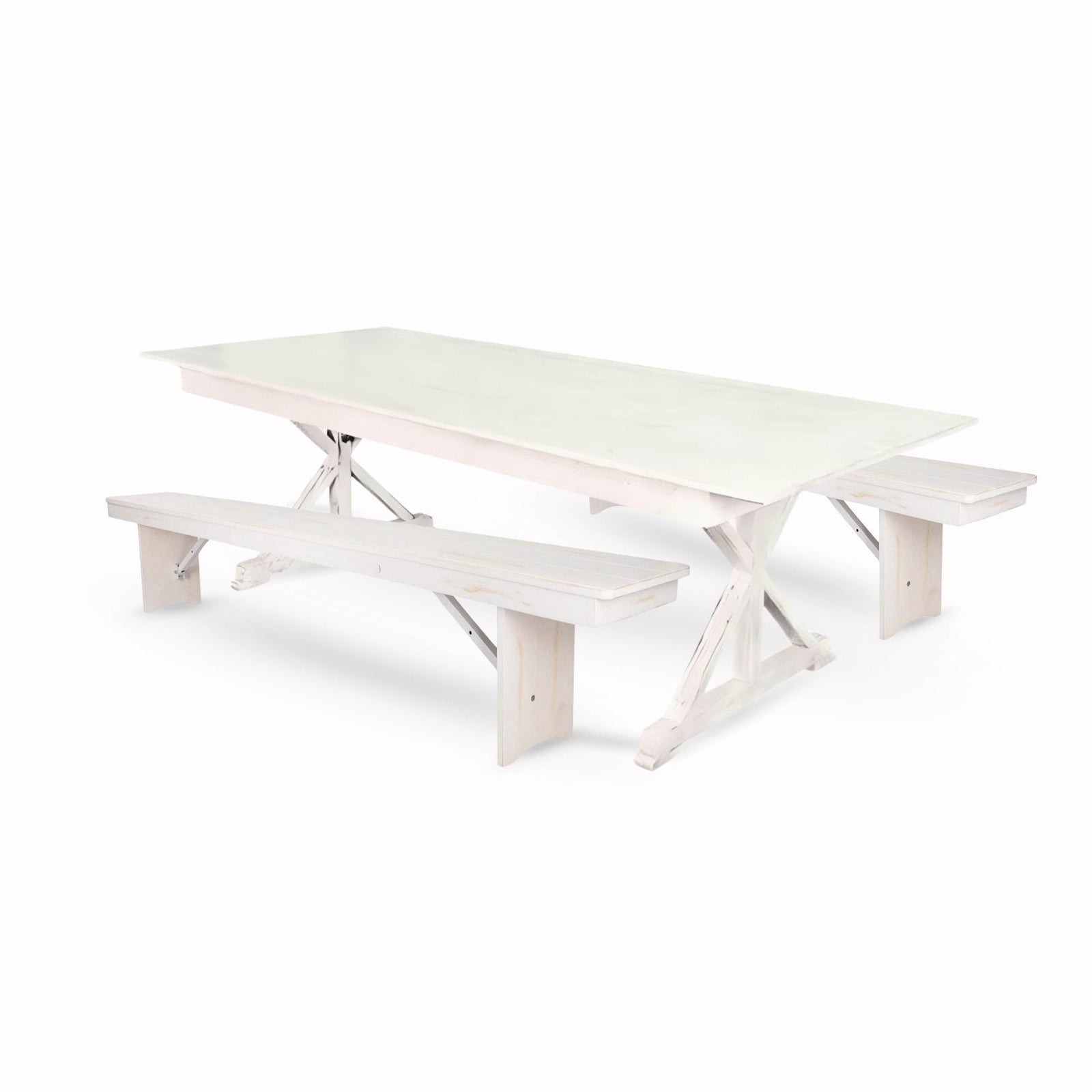 Chivari White Distressed X-Leg Farm Table Dining Set with 2 Benches TFARM-WHITEDIS-X-LEG-KIT-AX