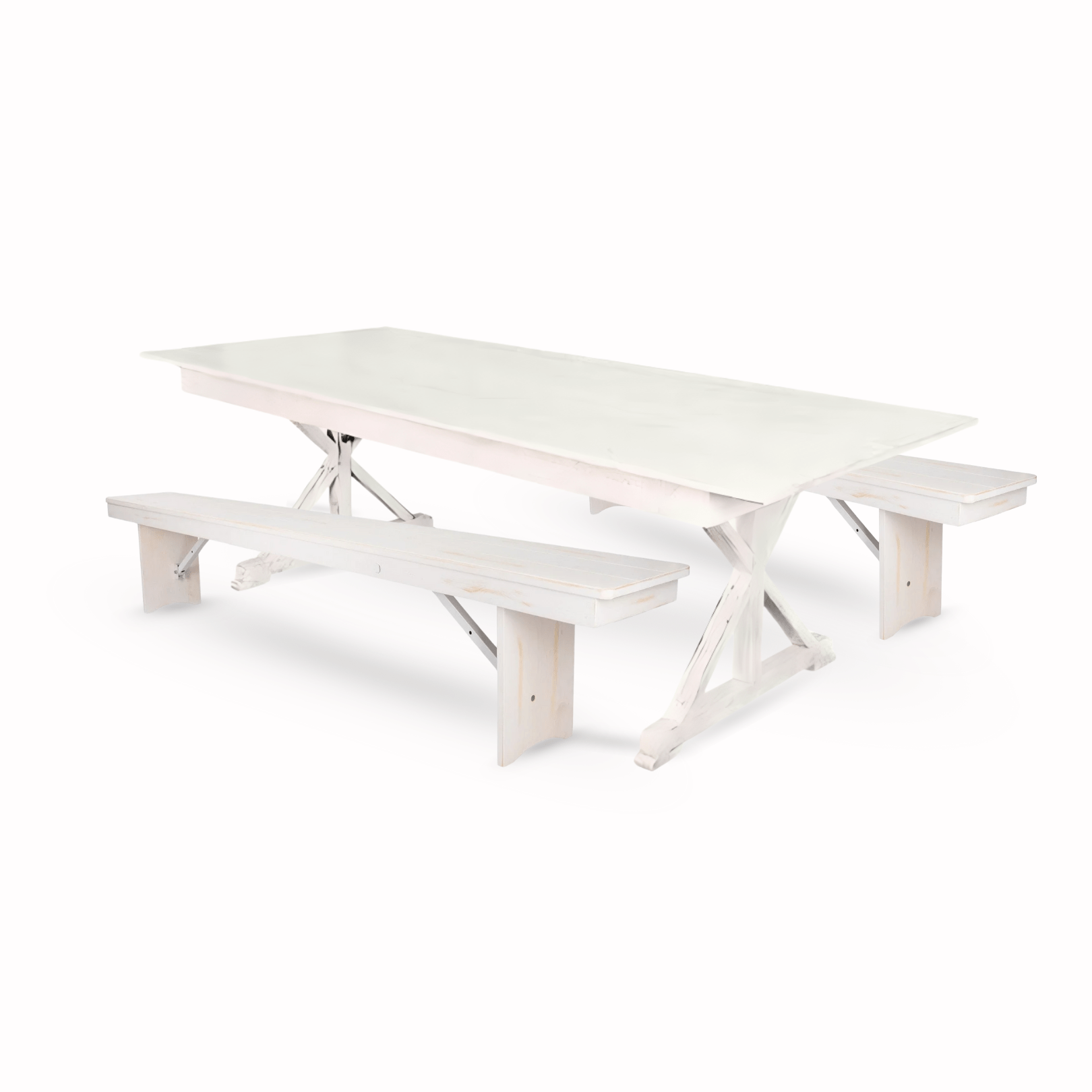 White Distressed X-Leg Farm Table Dining Set with 2 Benches