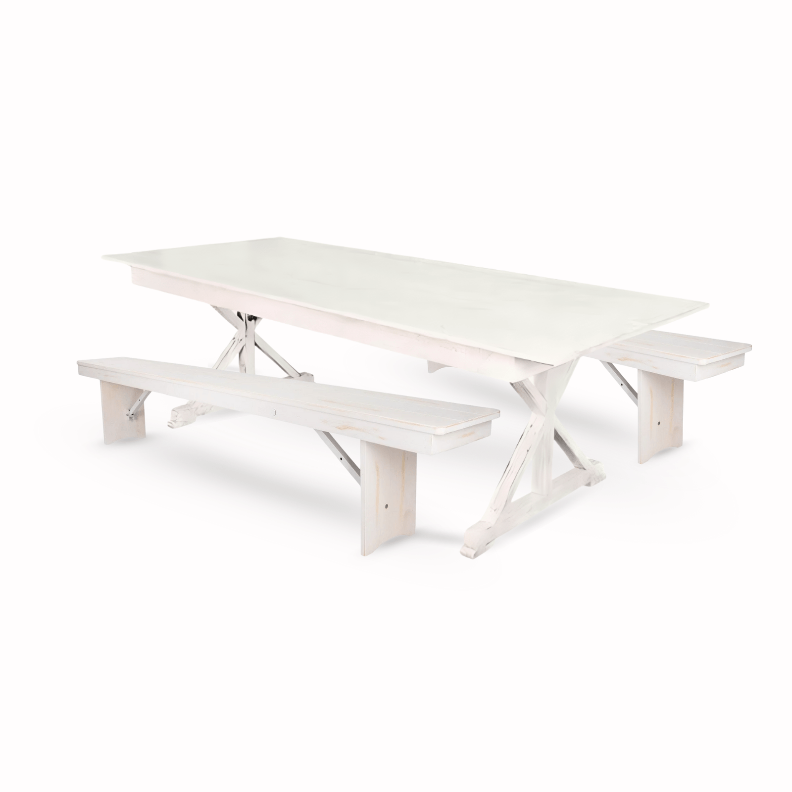 White Distressed X-Leg Farm Table Dining Set with 2 Benches