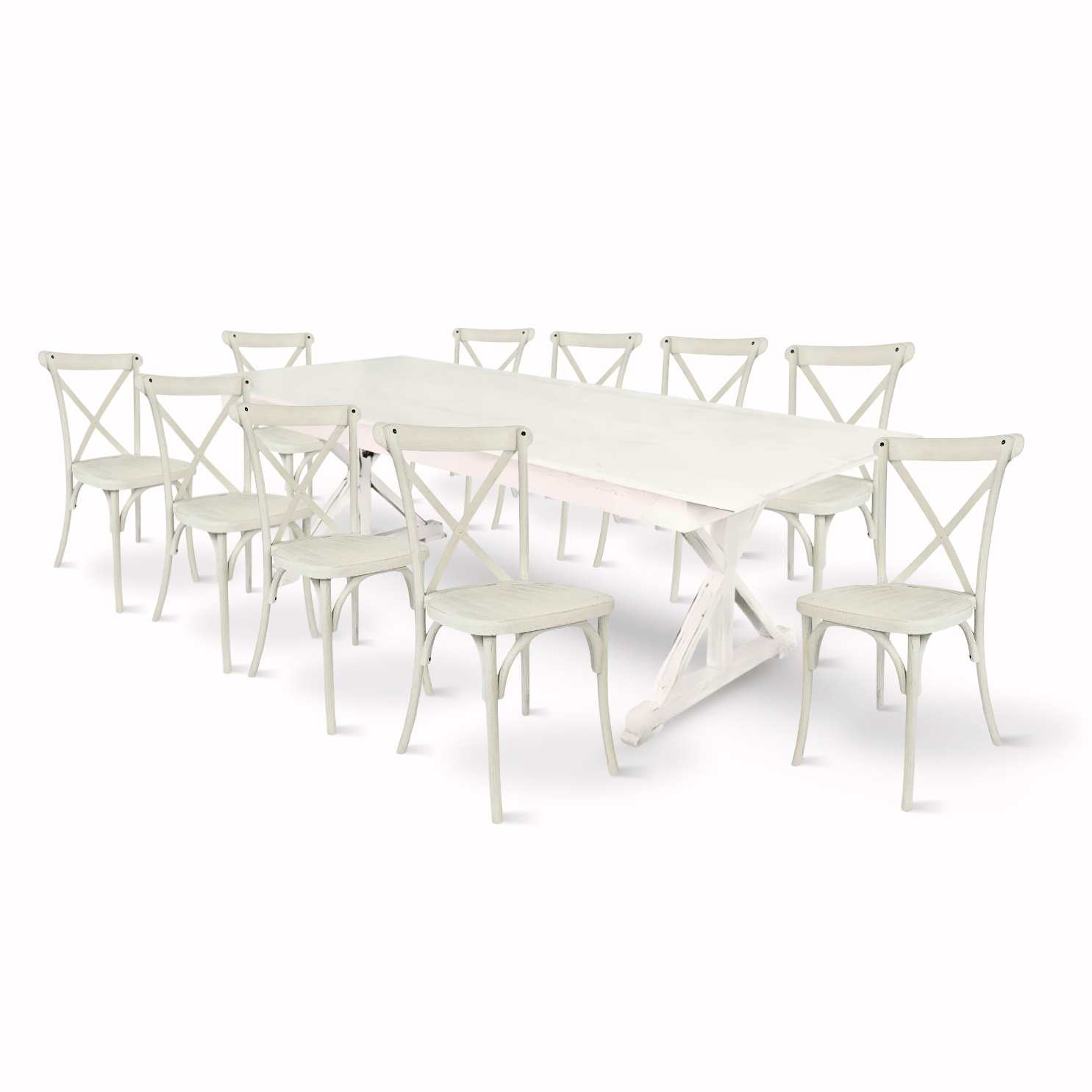 Chivari White Distressed X-Leg Farm Table Dining Set with 10 Chairs TFARM-WHITEDIS-X-LEG-KIT-CXR-AX