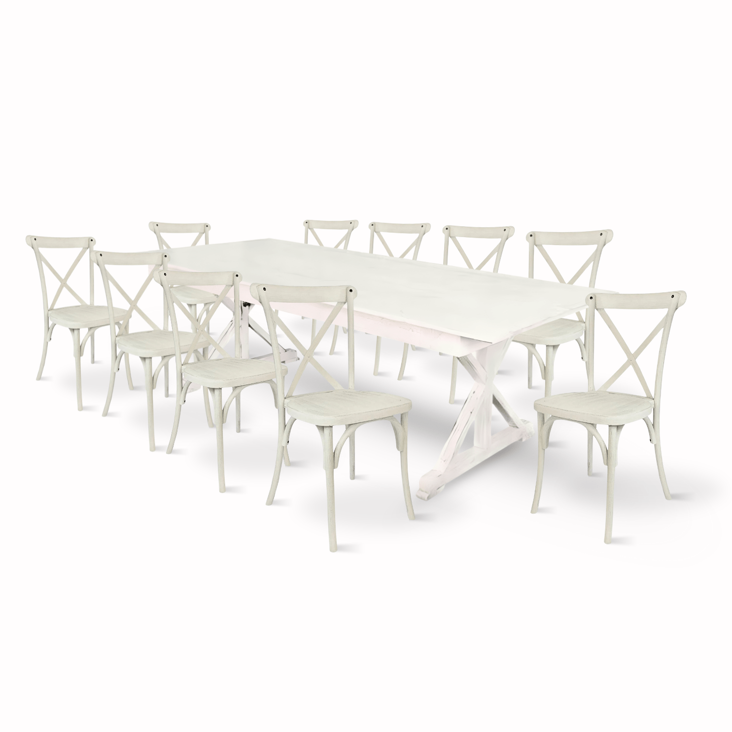 White Distressed X-Leg Farm Table Dining Set with 10 Chairs