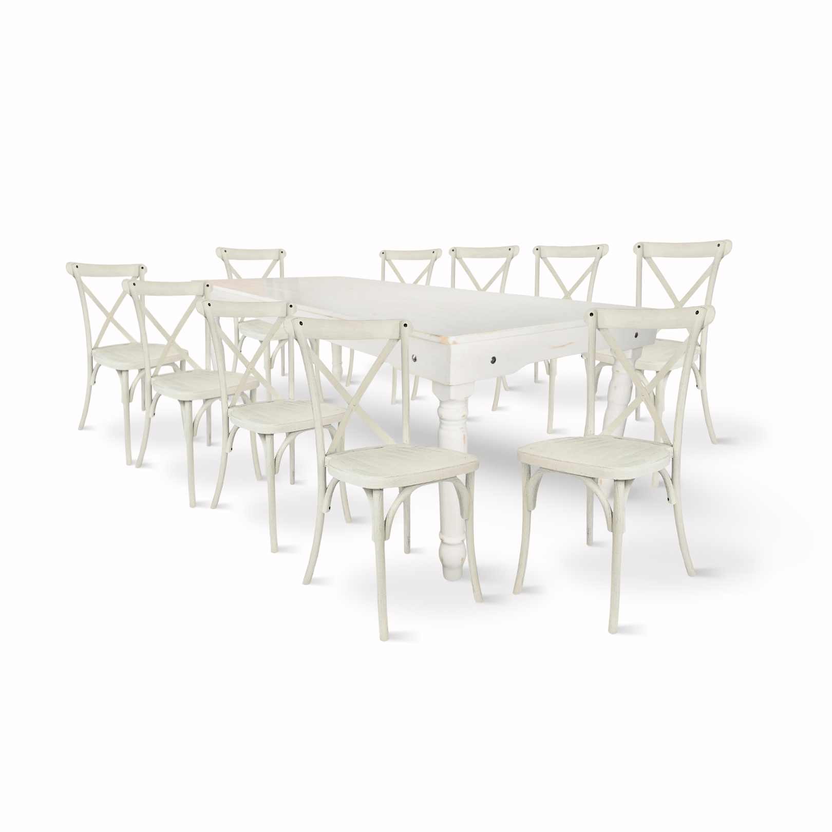 Chivari White Distressed Fluted Leg Farm Table Dining Set with 10 Chairs TFARM-WHITEDIS-T-LEG-KIT-CXR-AX