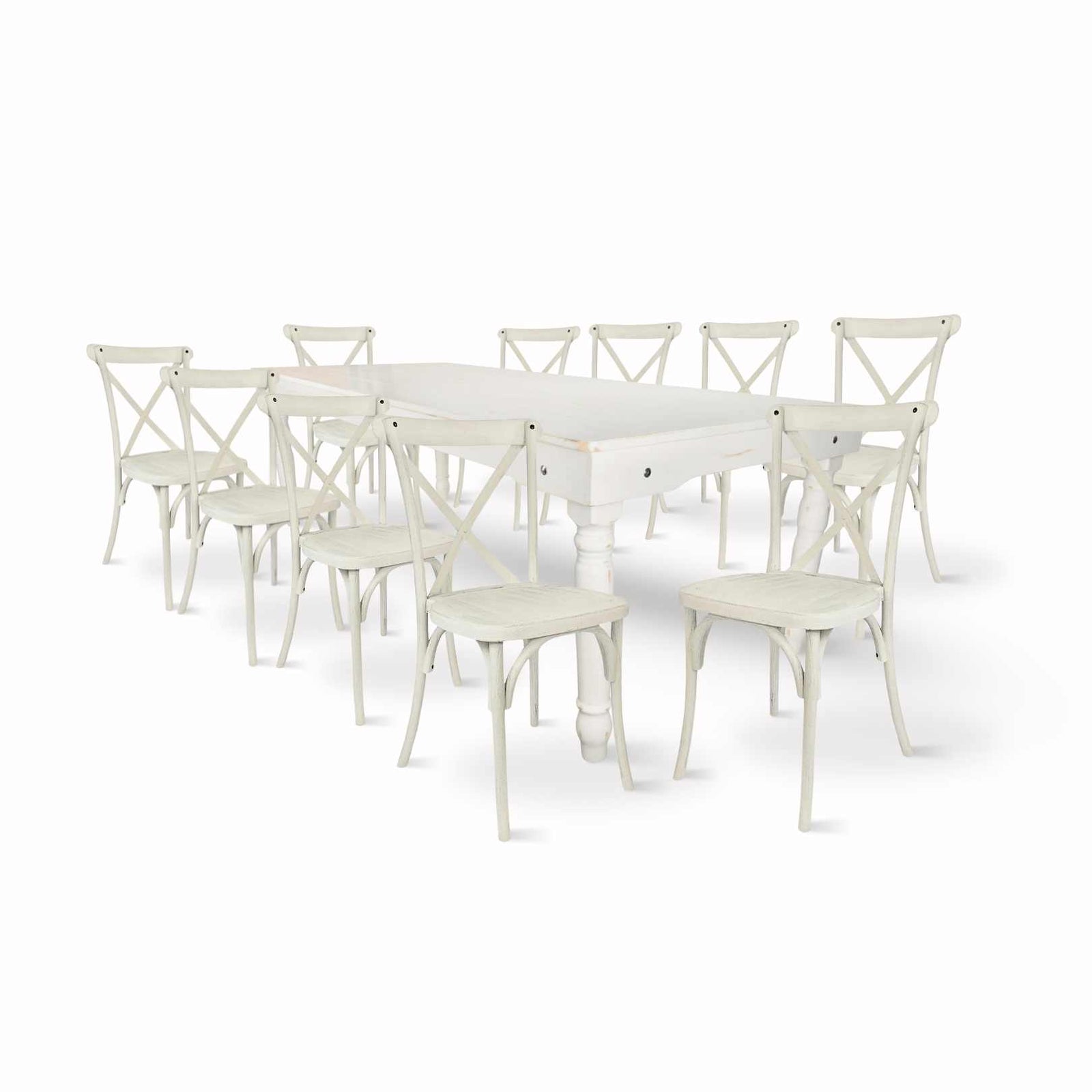 Chivari White Distressed Fluted Leg Farm Table Dining Set with 10 Chairs TFARM-WHITEDIS-T-LEG-KIT-CXR-AX