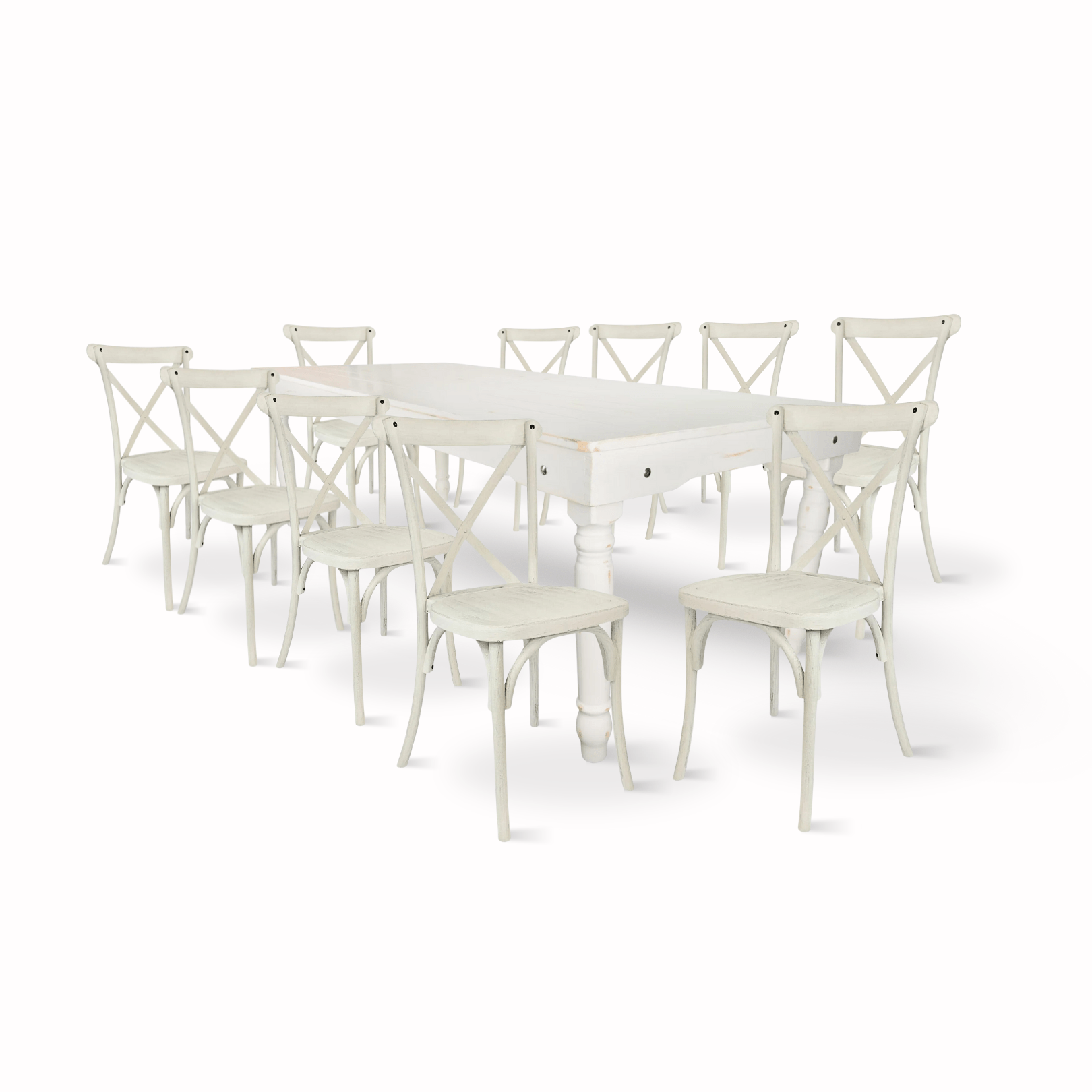 White Distressed Fluted Leg Farm Table Dining Set with 10 Chairs