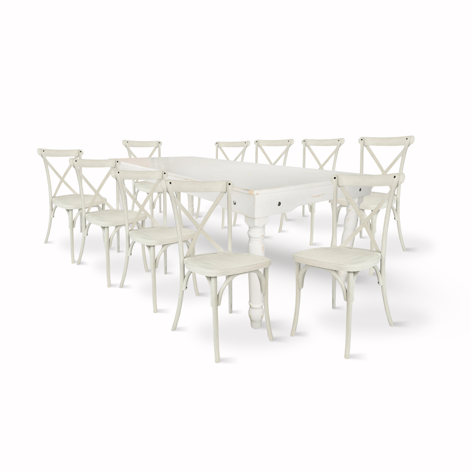White Distressed Fluted Leg Farm Table Dining Set with 10 Chairs