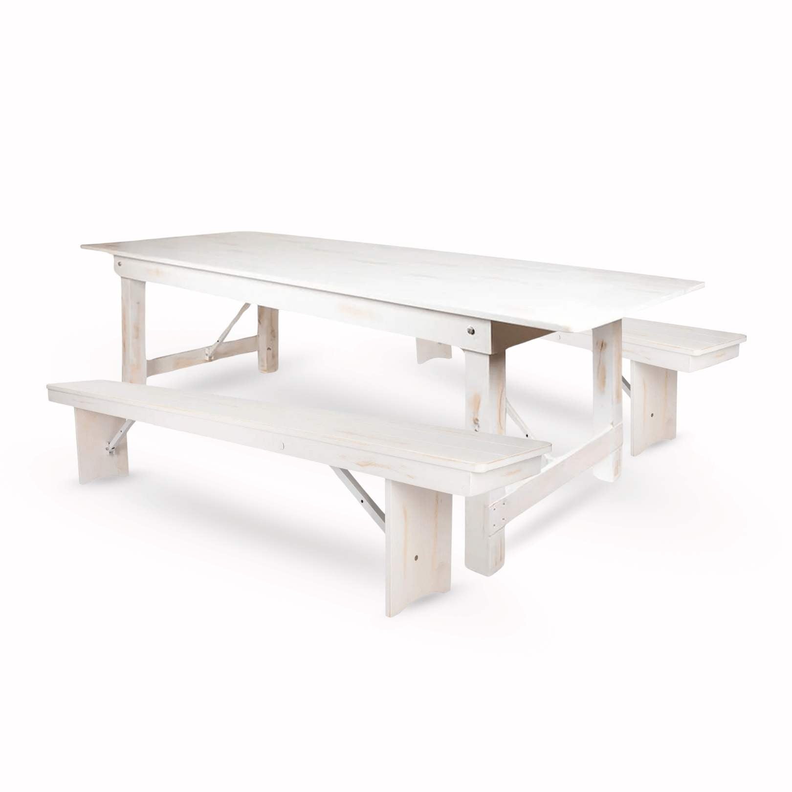 Chivari White Distressed Straight Leg Farm Table Dining Set with 2 Benches TFARM-WHITEDIS-S-LEG-KIT-AX