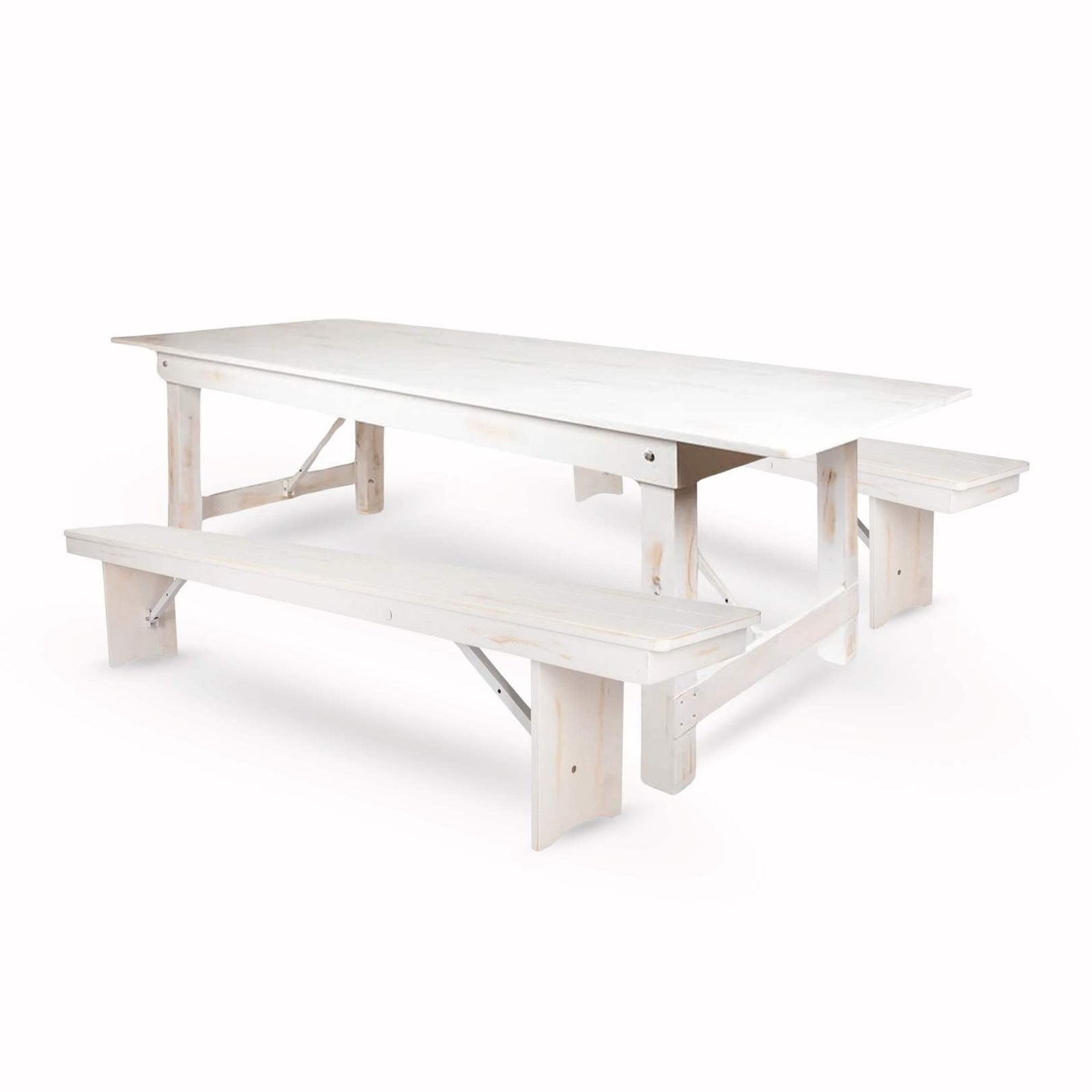 Chivari White Distressed Straight Leg Farm Table Dining Set with 2 Benches TFARM-WHITEDIS-S-LEG-KIT-AX
