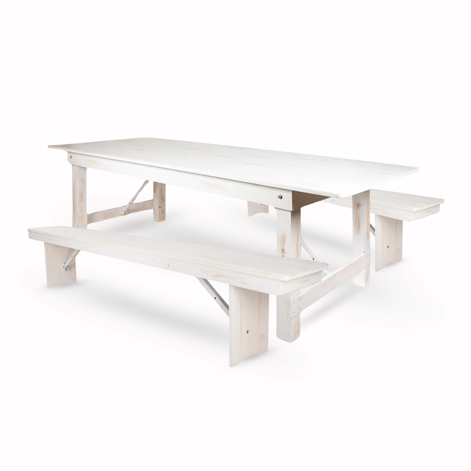 White Distressed Straight Leg Farm Table Dining Set with 2 Benches