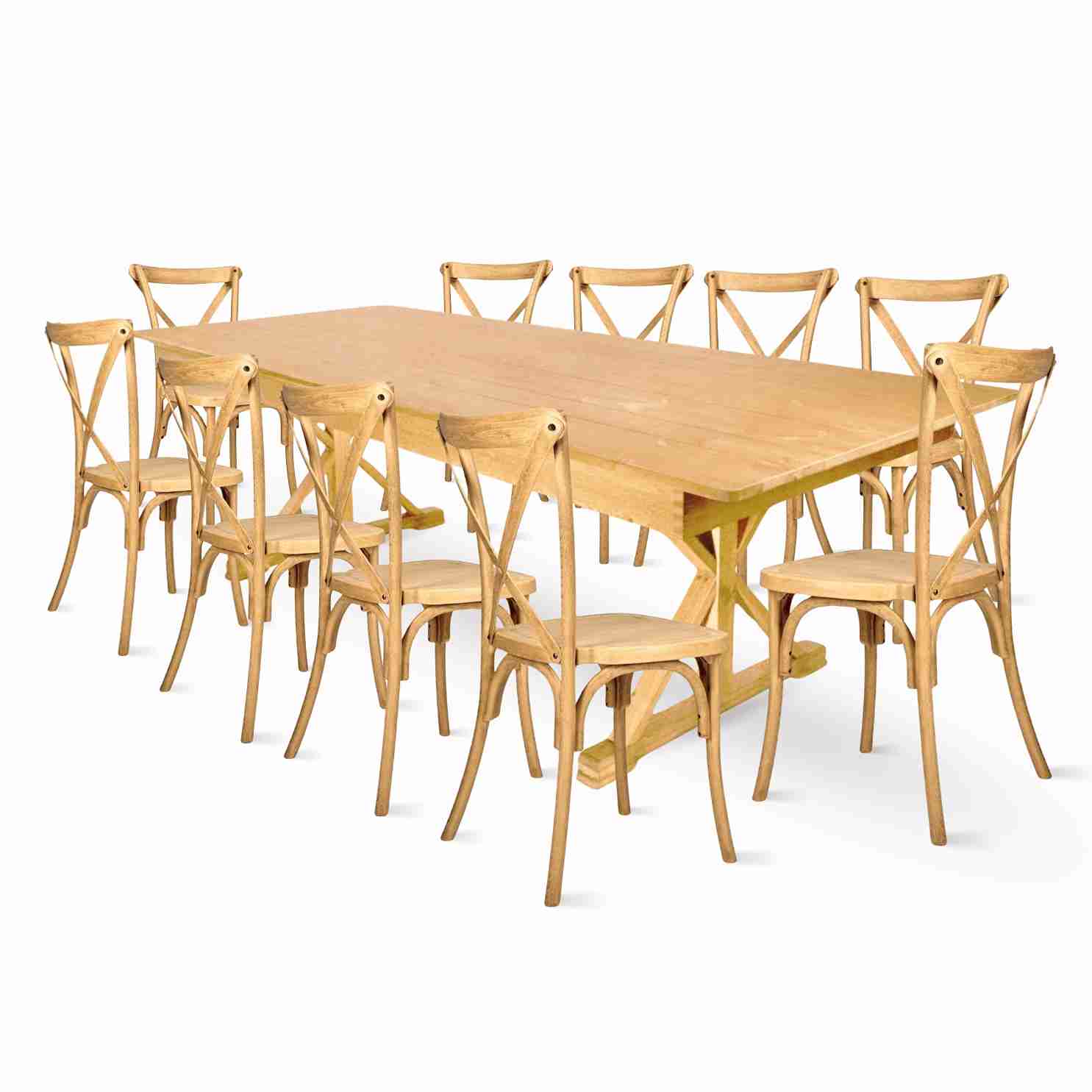 Chivari Natural X-Leg Farm Table Dining Set with 10 Chairs TFARM-NATURAL-X-LEG-KIT-CXR-AX