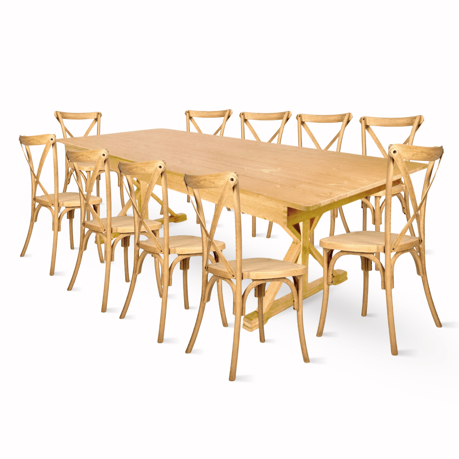 Natural X-Leg Farm Table Dining Set with 10 Chairs