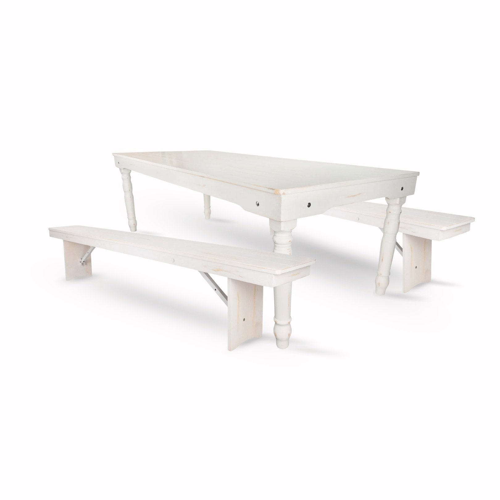 Chivari White Distressed Fluted Leg Farm Table Dining Set with 2 Benches TFARM-WHITEDIS-T-LEG-KIT-AX