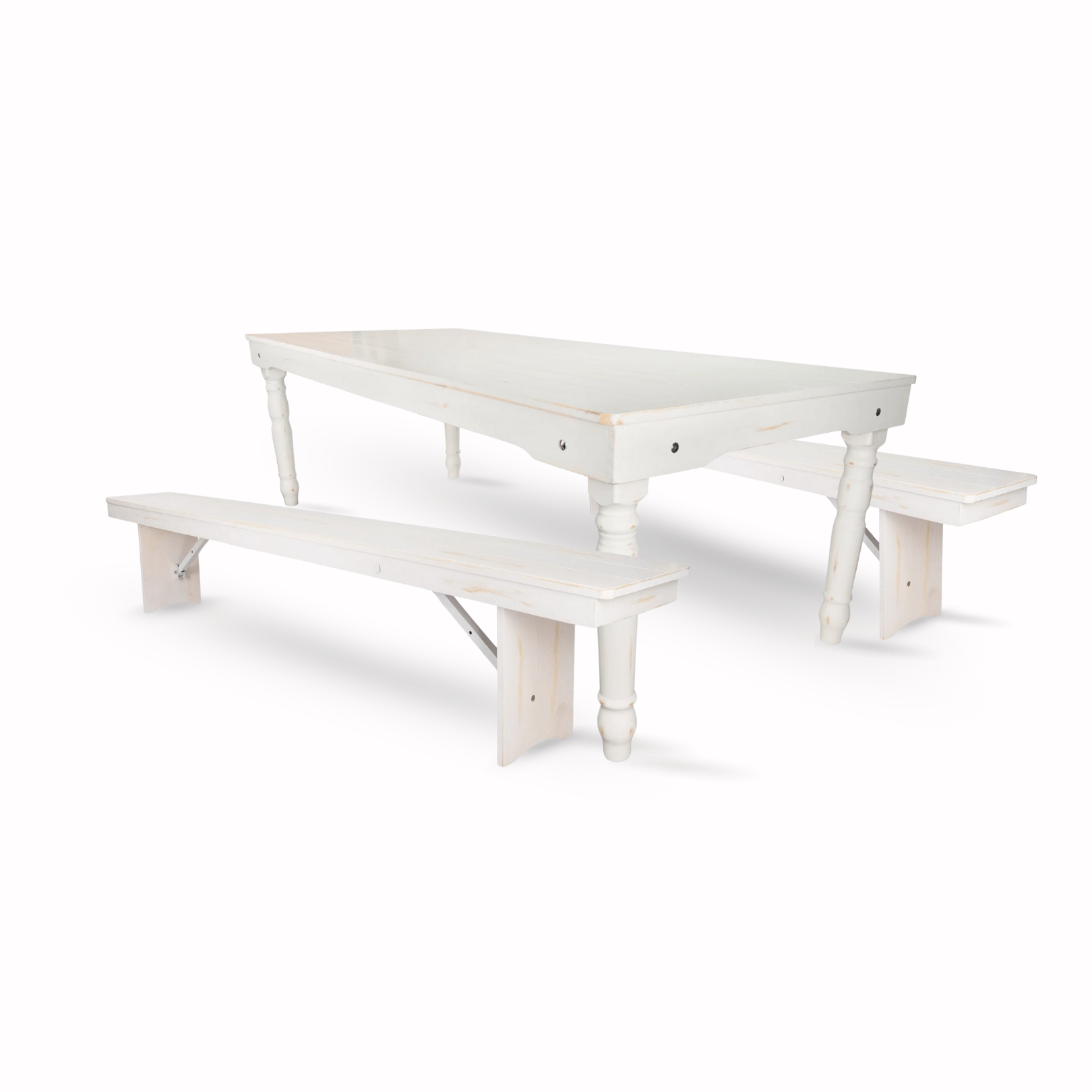 White Distressed Fluted Leg Farm Table Dining Set with 2 Benches