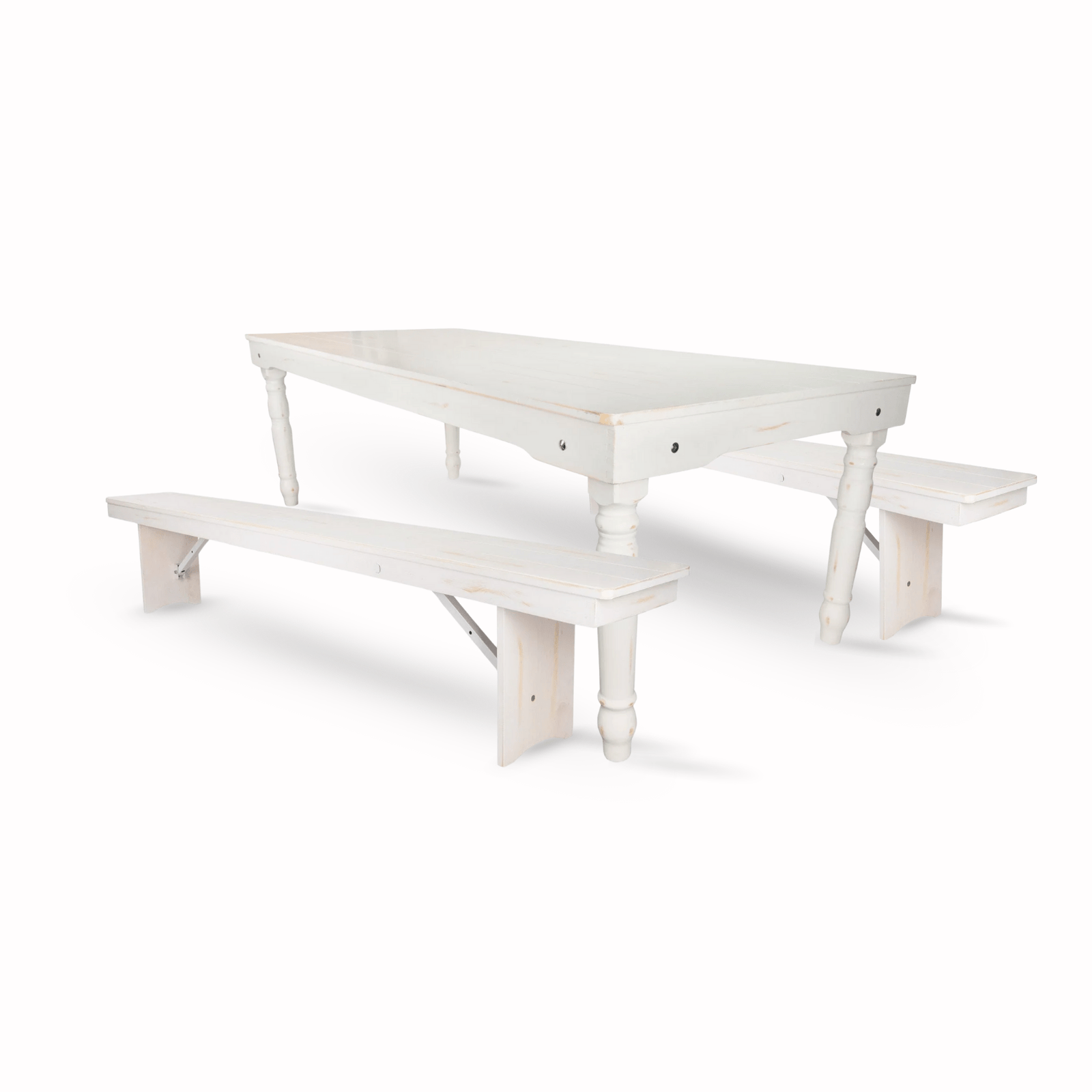 Chivari White Distressed Fluted Leg Farm Table Dining Set with 2 Benches TFARM-WHITEDIS-T-LEG-KIT-AX