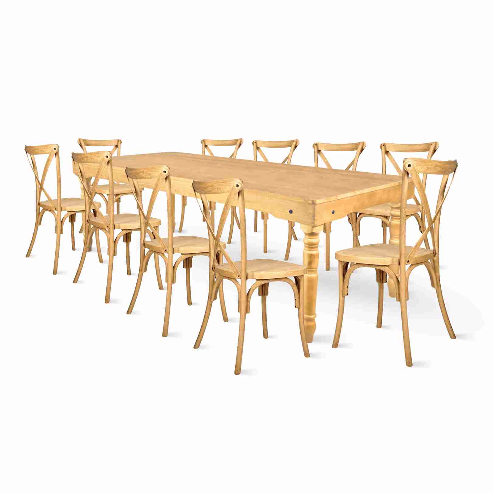 Chivari Natural Fluted Leg Farm Table Dining Set with 10 Chairs TFARM-NATURAL-T-LEG-KIT-CXR-AX