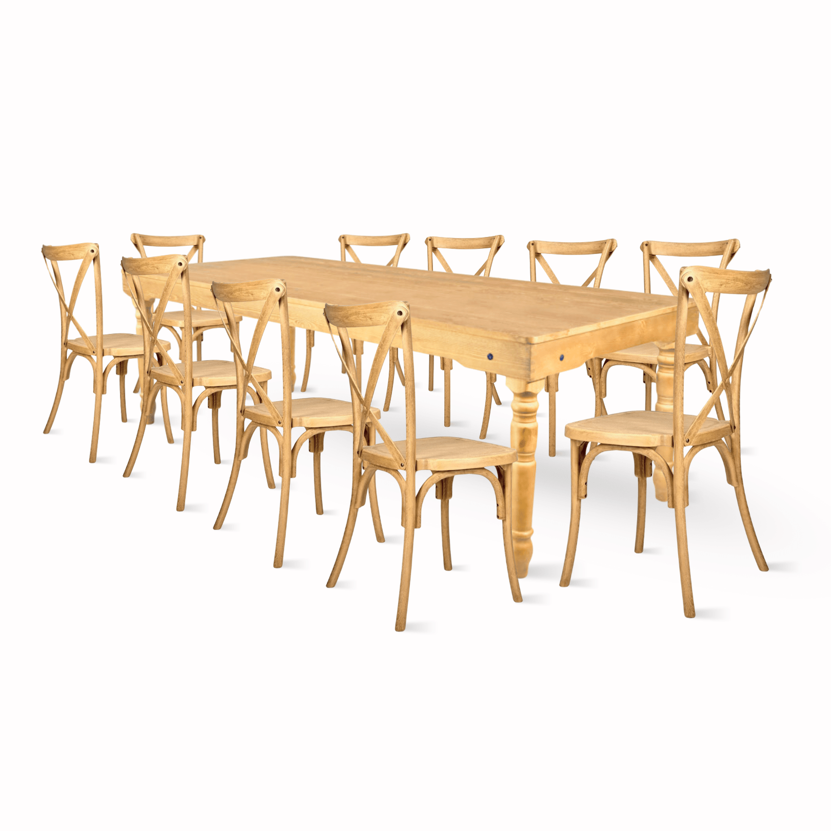 Natural Fluted Leg Farm Table Dining Set with 10 Chairs
