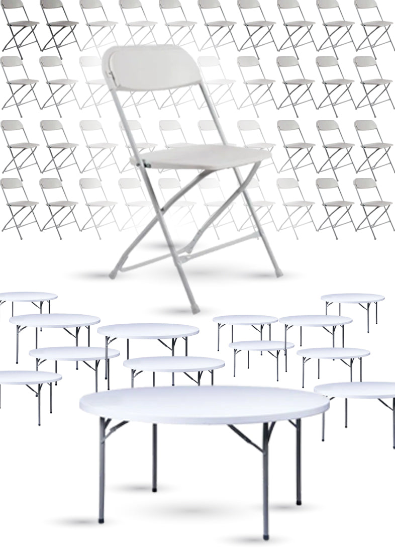 100 Person Value Event Package: 100 Folding Poly Chairs + 12 Heavy Duty Plastic 60