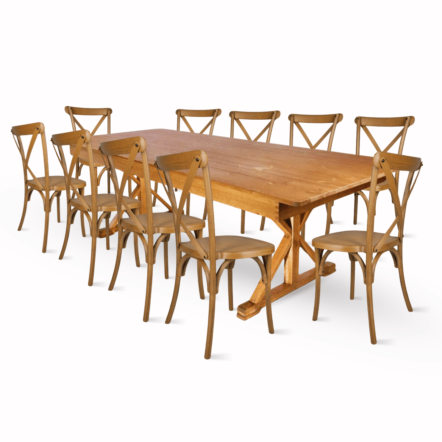 Chestnut X-Leg Farm Table Dining Set with 10 Chairs