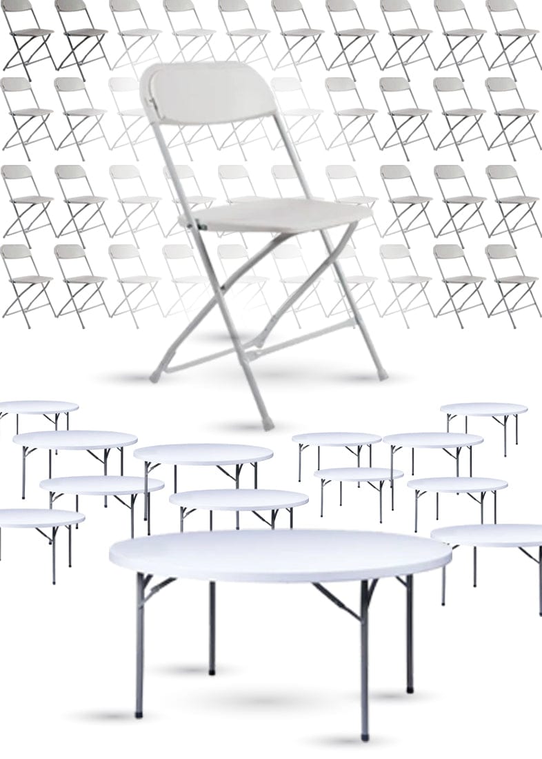 Chivari 100 Person Value Event Package:  100 Folding Poly Chairs + 12 Heavy Duty Plastic 60" Round Folding Tables PACK100CFPW1260RD-CXAX-T