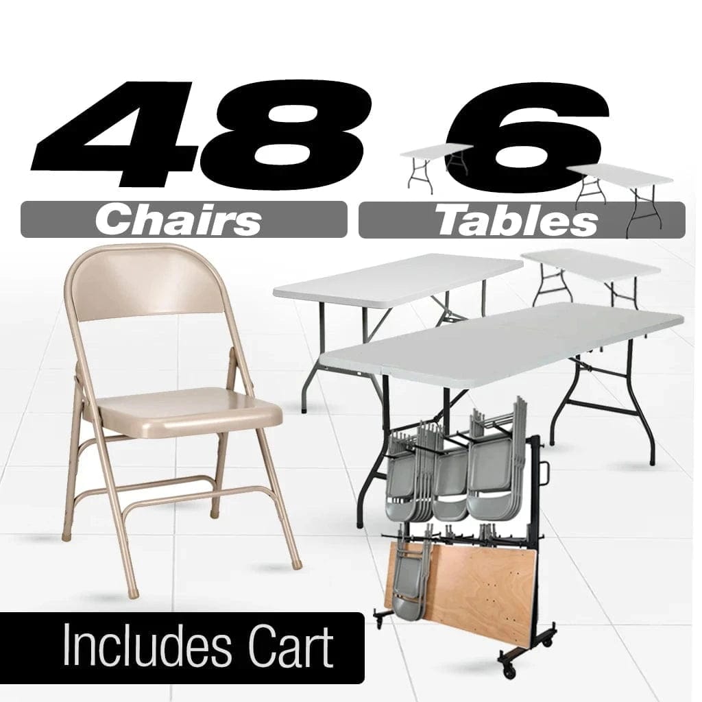 Chivari 48 Beige Metal Folding Chairs + 6 Heavy Duty Plastic 72x30 Banquet Tables + Hybrid Folding Chair and Banquet Table  Cart CFMBE-48-6RT-KT
