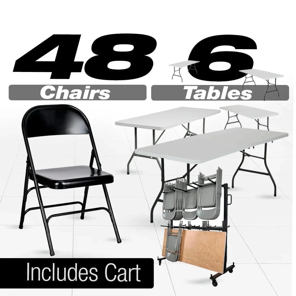 Chivari 48 Black Metal Folding Chairs + 6  Heavy DutyPlastic 72x30 Banquet Tables + Hybrid Folding Chair and Banquet Table  Cart CFMBL-48-6RT-KT